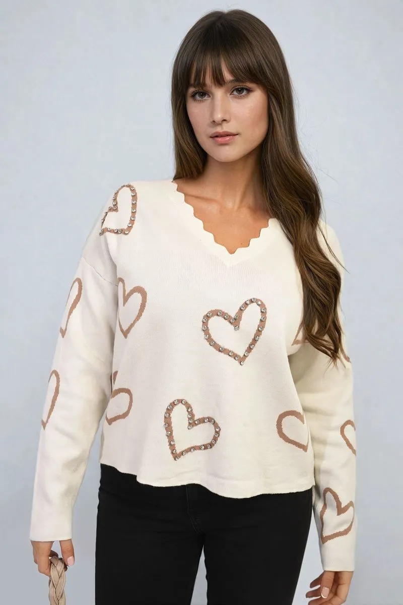 V-neck Embellished Hearts Long Sleeve Knitted Jumper