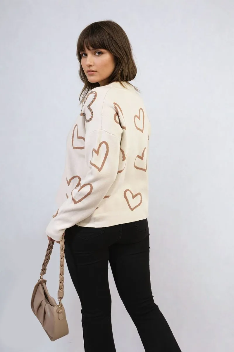 V-neck Embellished Hearts Long Sleeve Knitted Jumper