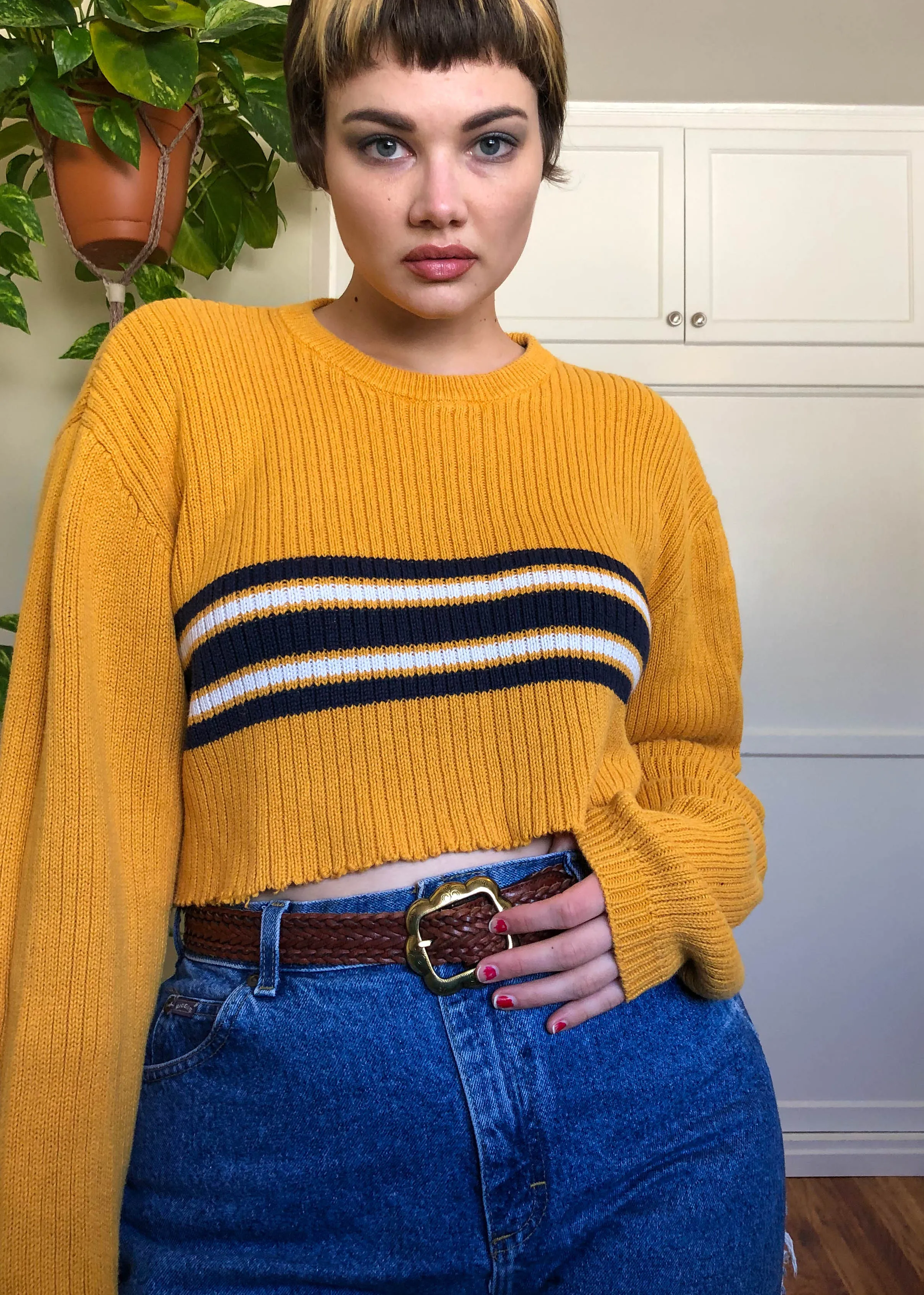 Vintage Marigold Striped Raw Crop Sweater - XL/2X/3X