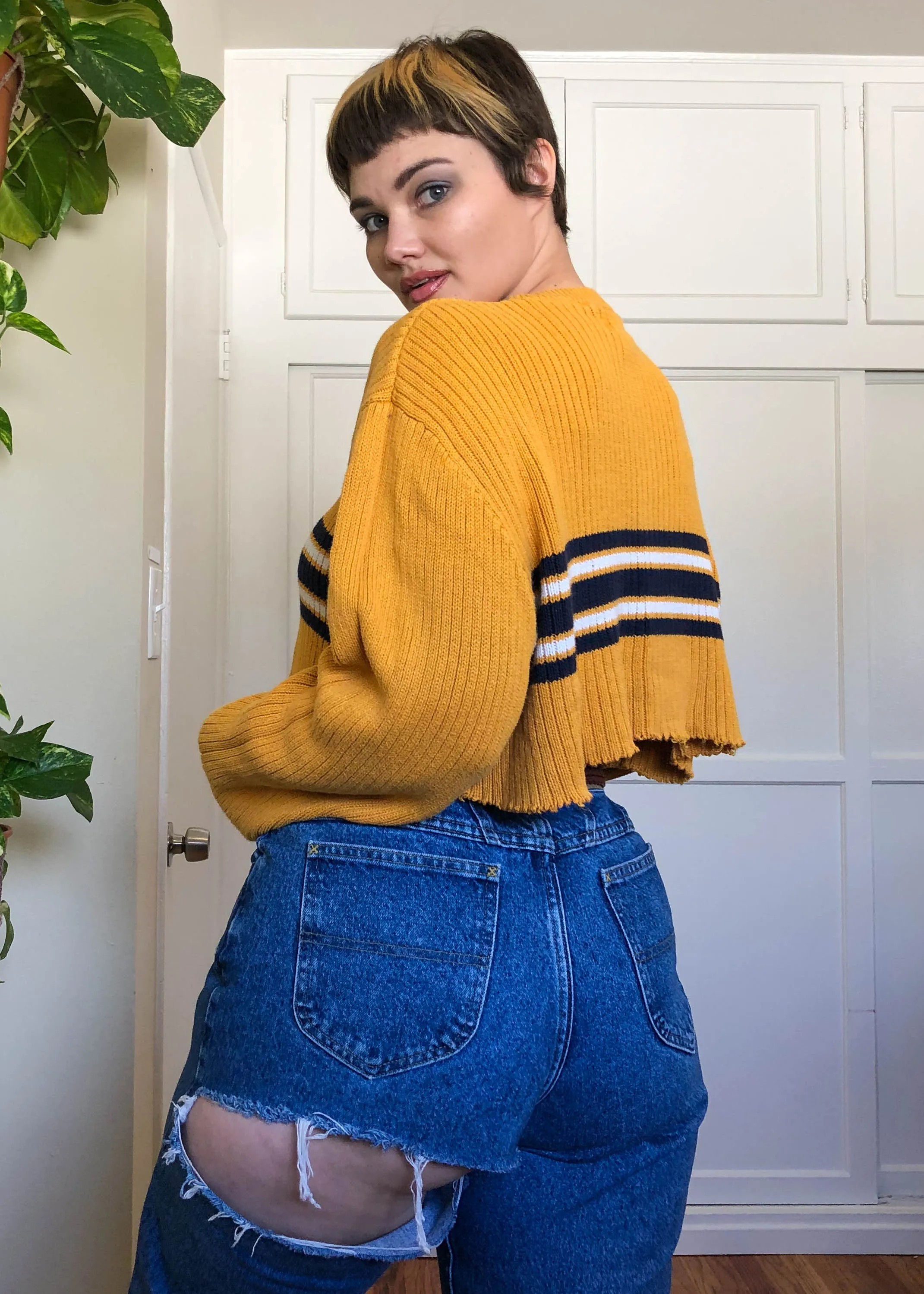 Vintage Marigold Striped Raw Crop Sweater - XL/2X/3X