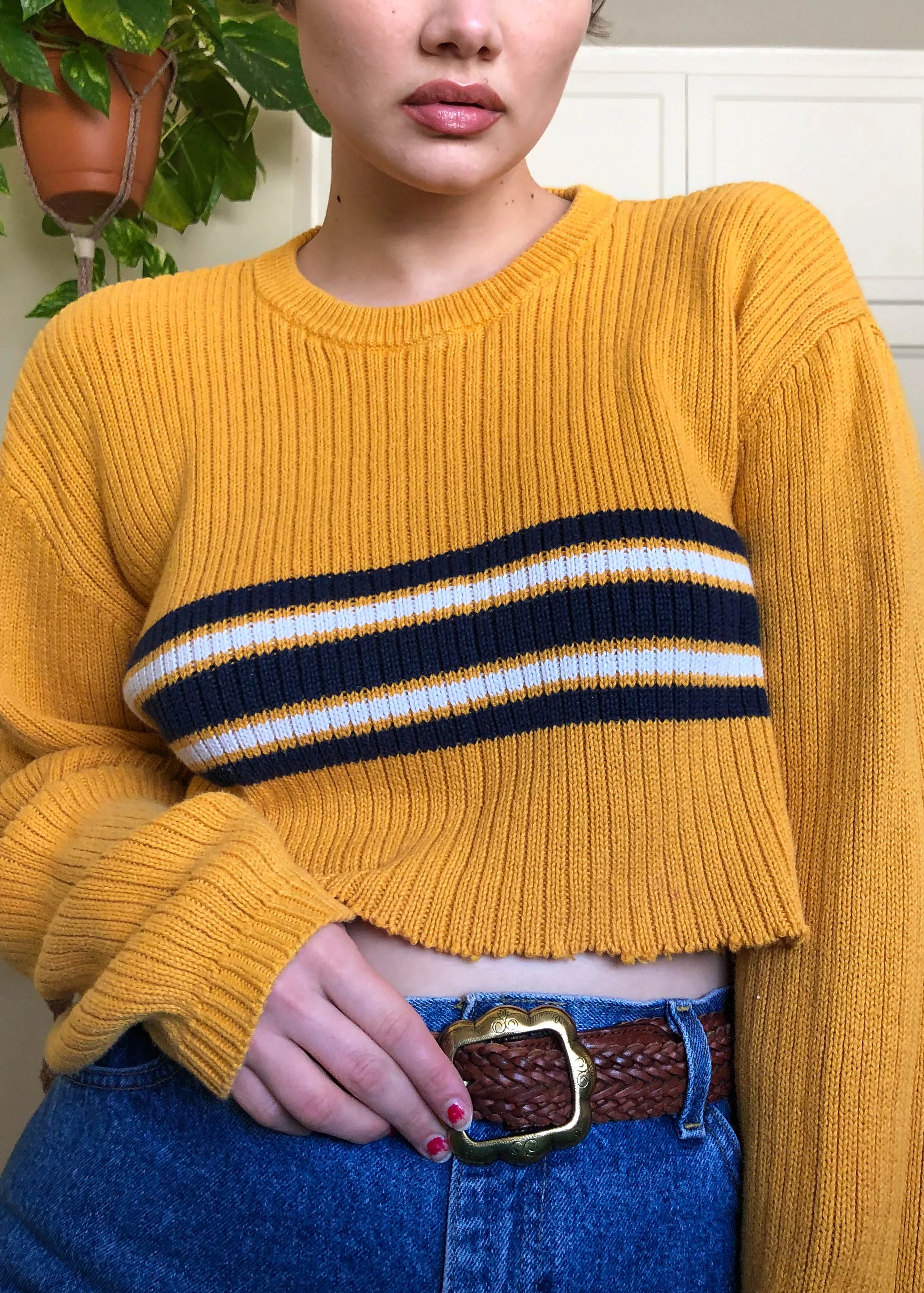 Vintage Marigold Striped Raw Crop Sweater - XL/2X/3X