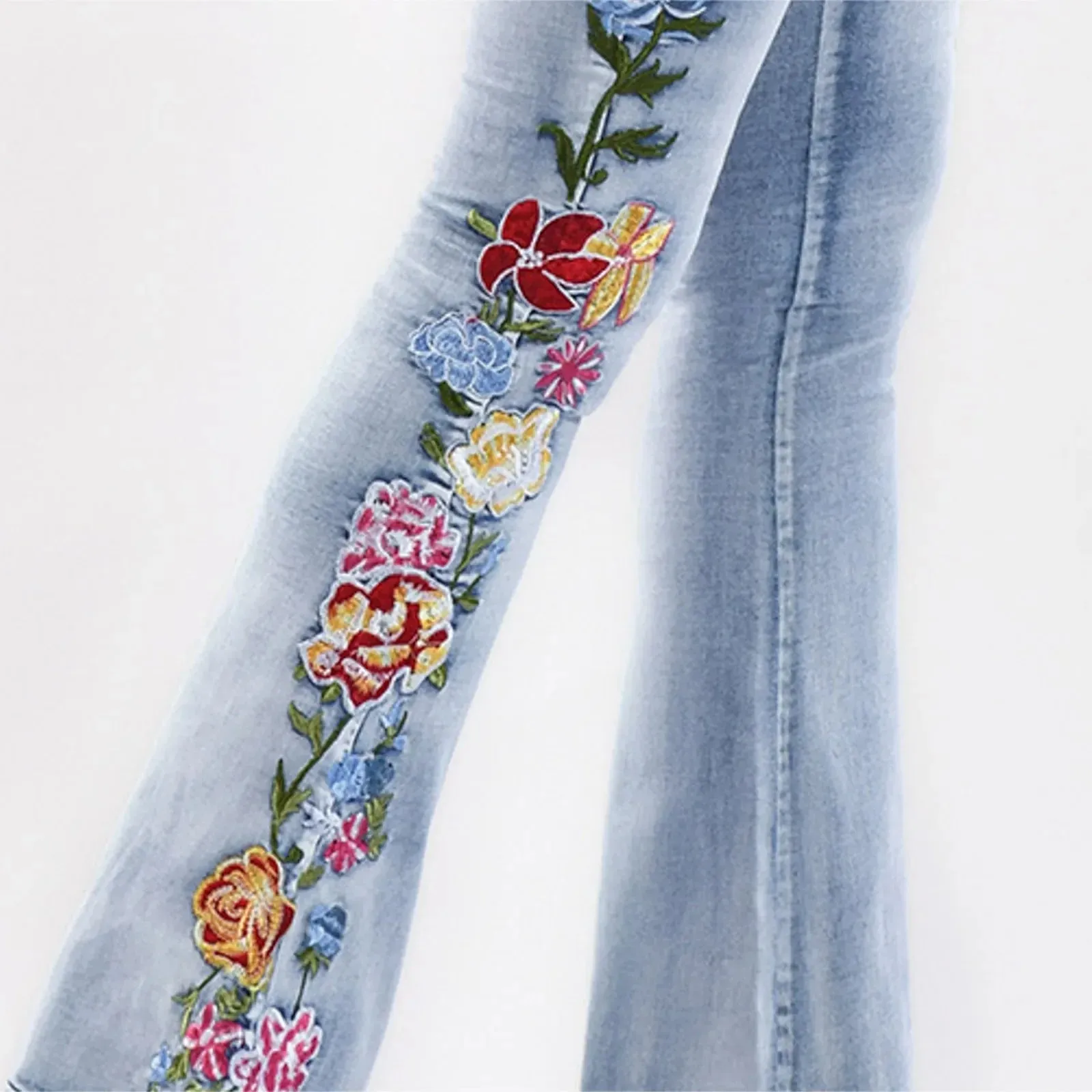 Vintage Skinny Floral Embroidery Jeans Women's High Waist Slim Fit Flare Light Blue Frayed Hem Y2k Pants