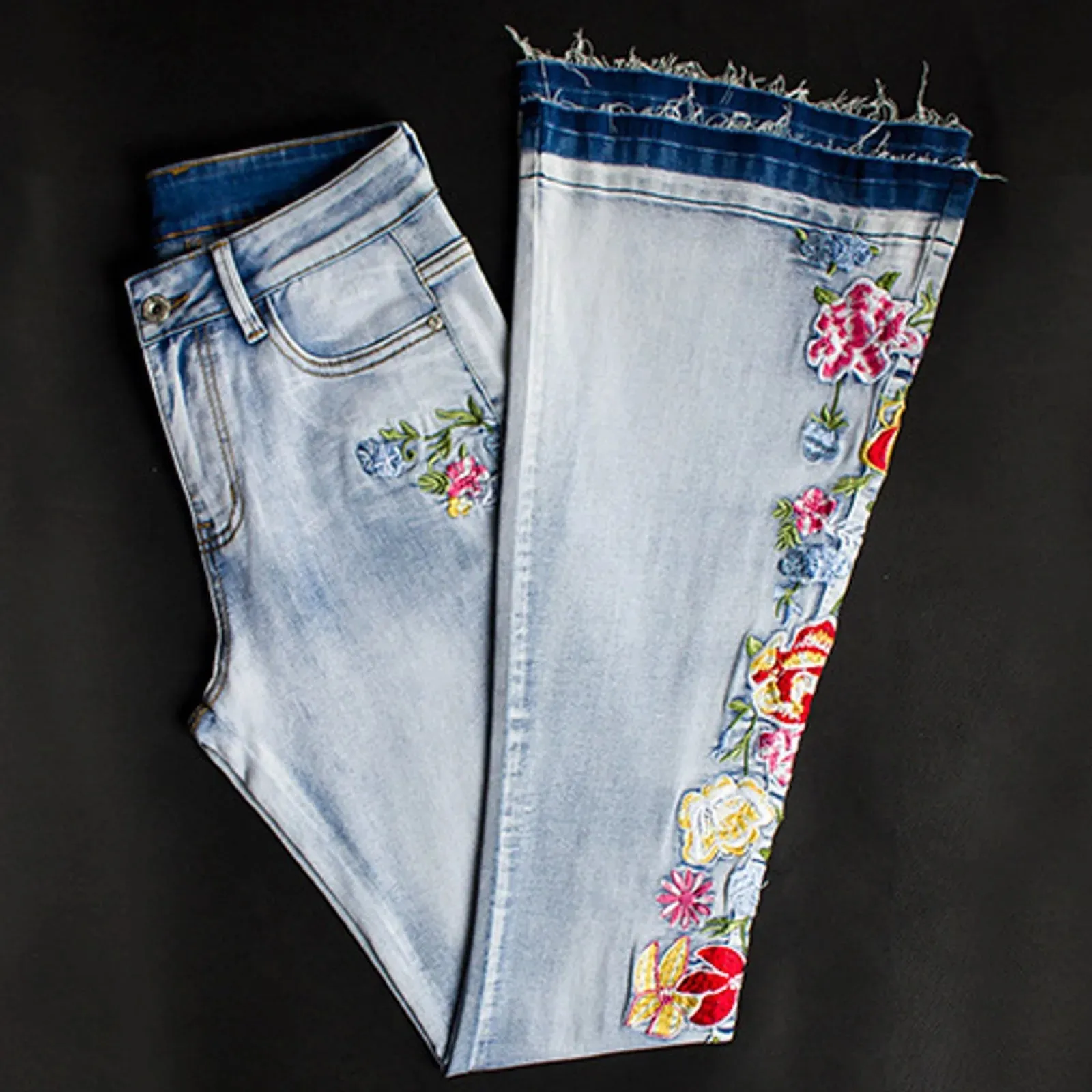 Vintage Skinny Floral Embroidery Jeans Women's High Waist Slim Fit Flare Light Blue Frayed Hem Y2k Pants