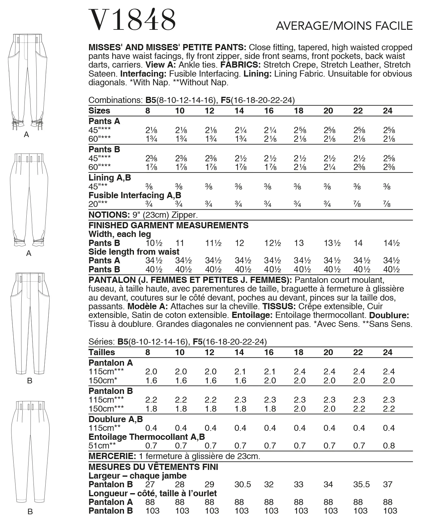 Vogue Pattern V1848 Misses/Petite Pants