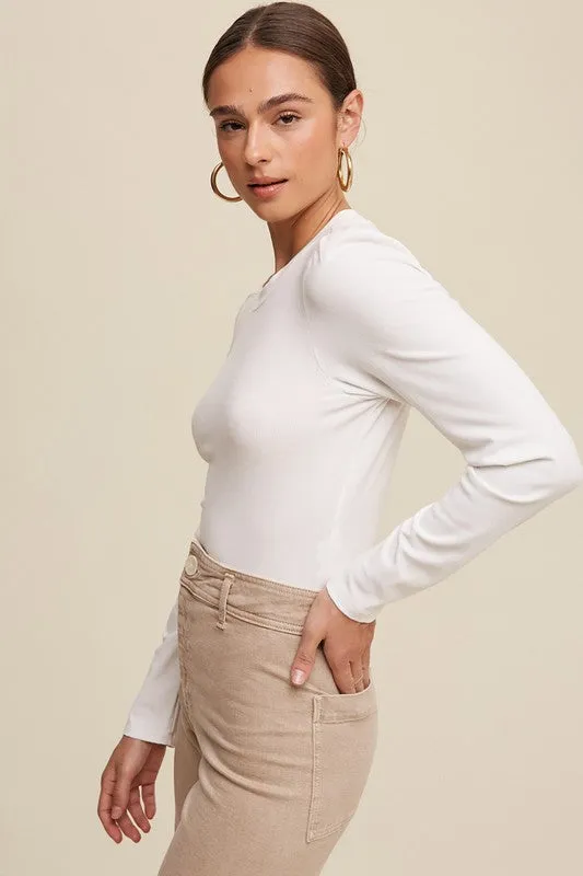 White Rib Fitted Long Sleeve Knit Top