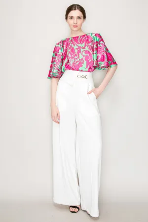 White Waist Flap Chain Detail Wide Pants