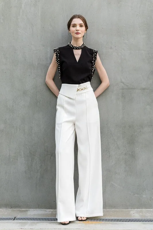 White Waist Flap Chain Detail Wide Pants