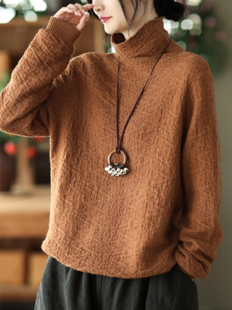 Women's Double-knit Turtleneck Knitted Loose and Thin Pullover Top