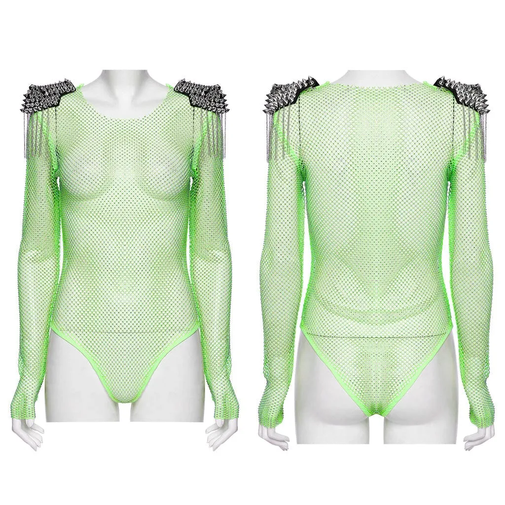 Women's Punk Studded Tassel Mesh Bodysuit Green