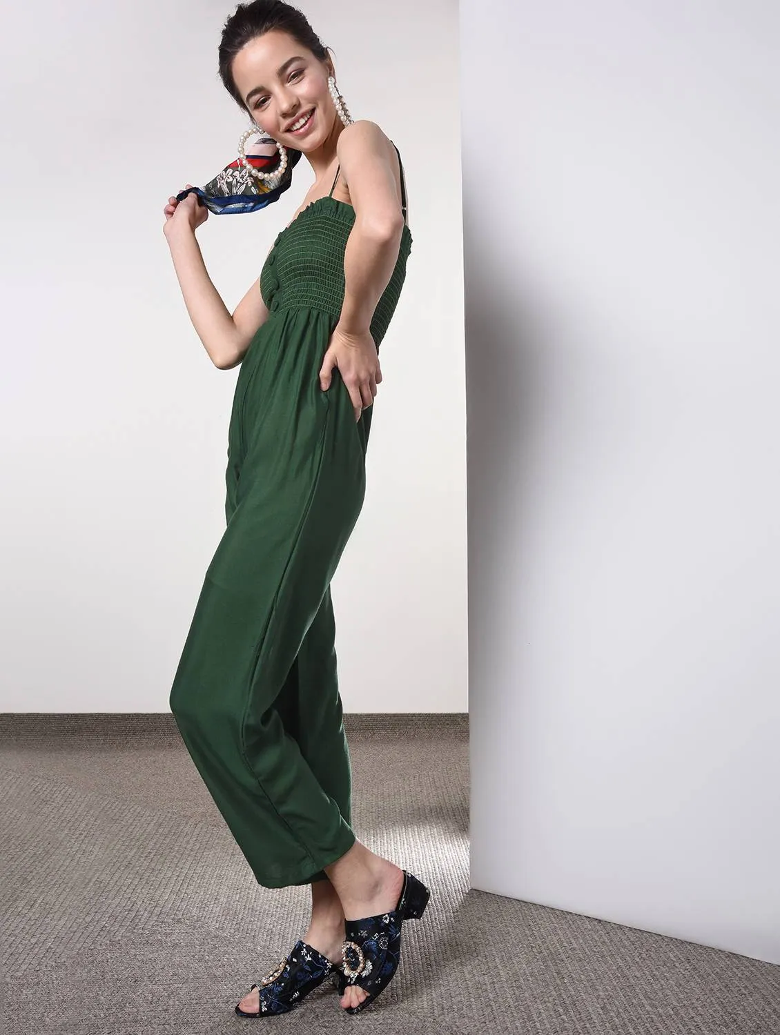 Women's solid green jumpsuit