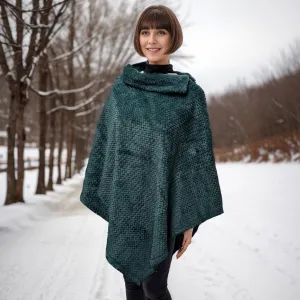 Yana - Faux Fur Collared Poncho - Dark Green