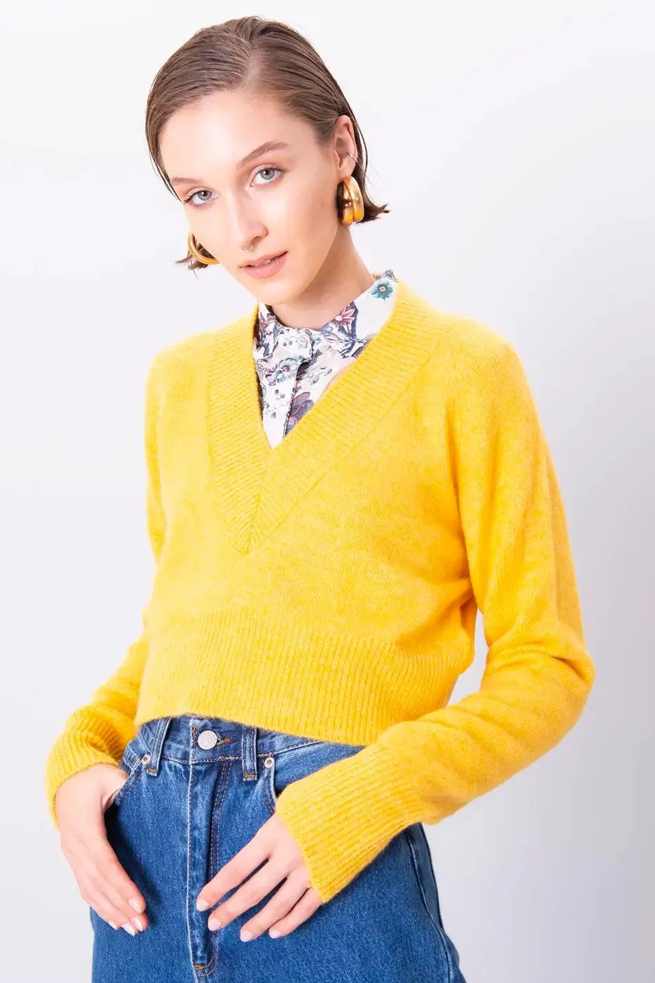 Yellow V-Neck Crop Sweater