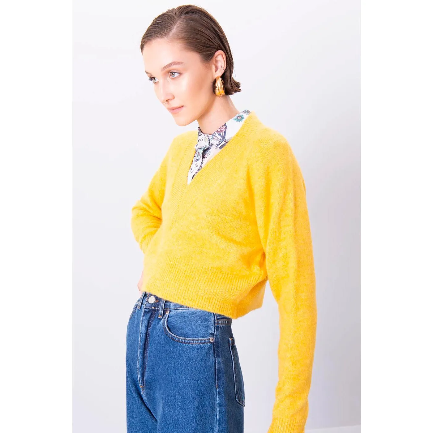 Yellow V-Neck Crop Sweater